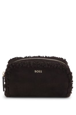 Small pouch in faux suede with gold-tone logo, Dark Brown
