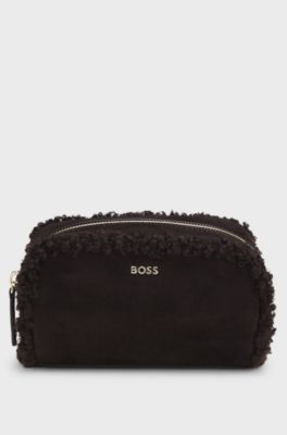Small pouch in faux suede with gold-tone logo, Dark Brown