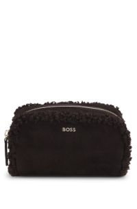 Kleine pouch van imitatiesu&egrave;de met goudkleurig logo, Donkerbruin