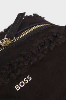 Small pouch in faux suede with gold-tone logo, Dark Brown