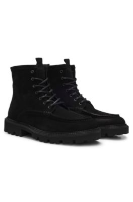 Lace-up boots in suede with side zip, Black