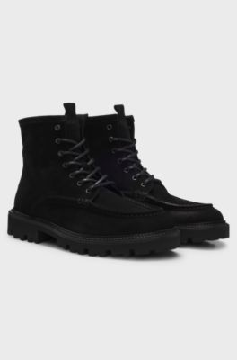 Lace-up boots in suede with side zip, Black