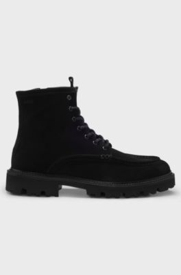 Lace-up boots in suede with side zip, Black