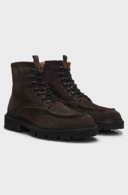 Lace-up boots in suede with side zip, Dark Brown