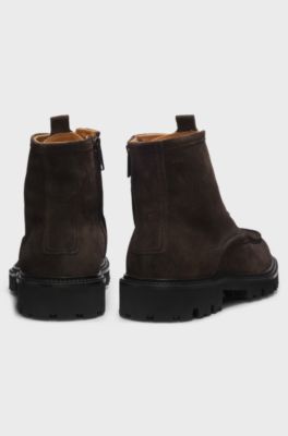 Lace-up boots in suede with side zip, Dark Brown