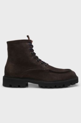 Lace-up boots in suede with side zip, Dark Brown