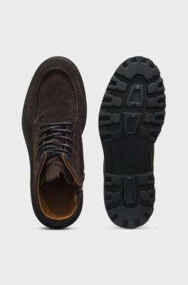 Lace-up boots in suede with side zip, Dark Brown