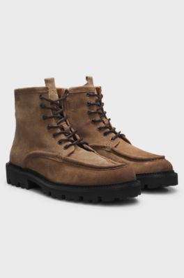Lace-up boots in suede with side zip, Beige