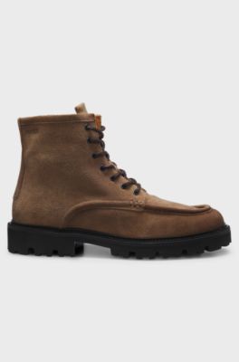 Lace-up boots in suede with side zip, Beige