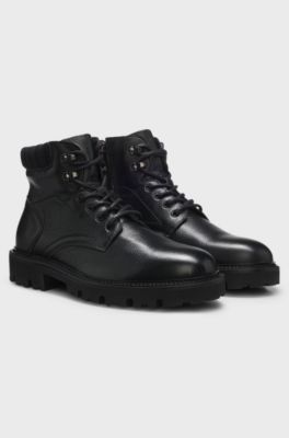 Lace-up boots in leather with padded collar, Black