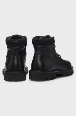 Lace-up boots in leather with padded collar, Black