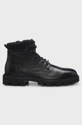Lace-up boots in leather with padded collar, Black