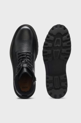 Lace-up boots in leather with padded collar, Black