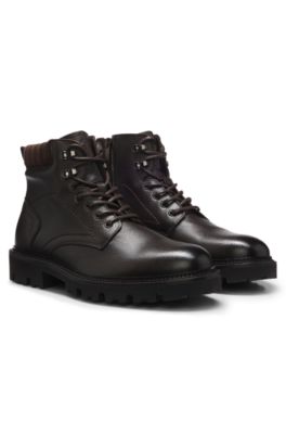 Lace-up boots in leather with padded collar, Dark Brown