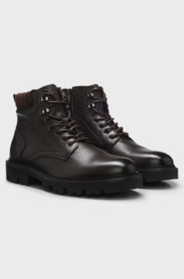 Lace-up boots in leather with padded collar, Dark Brown