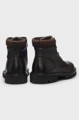 Lace-up boots in leather with padded collar, Dark Brown