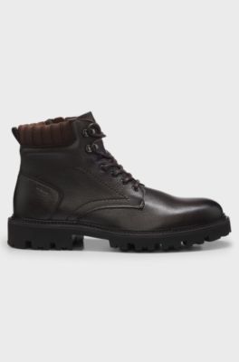 Lace-up boots in leather with padded collar, Dark Brown
