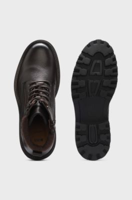 Lace-up boots in leather with padded collar, Dark Brown