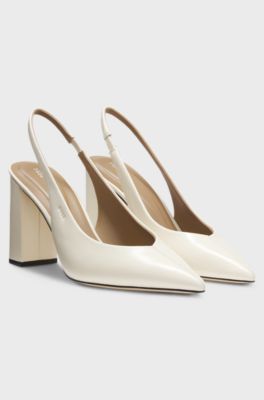 Heeled pumps in leather with slingback strap, Natural