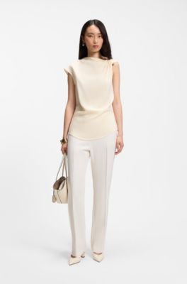 Heeled pumps in leather with slingback strap, Natural