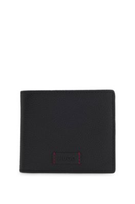 Bifold wallet in grained leather with debossed logo patch, Black