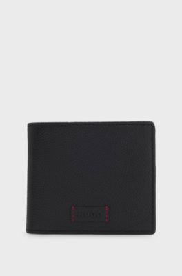 Bifold wallet in grained leather with debossed logo patch, Black