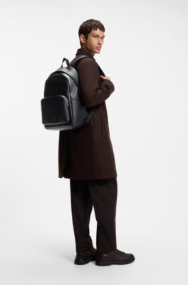 Faux-leather backpack with debossed logo patch, Black