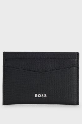 Grained-leather card holder with polished logo lettering, Black