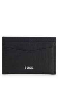 Grained-leather card holder with polished logo lettering, Black