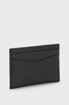 Grained-leather card holder with polished logo lettering, Black