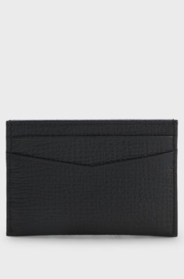 Grained-leather card holder with polished logo lettering, Black