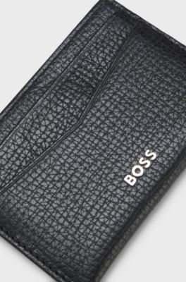 Grained-leather card holder with polished logo lettering, Black