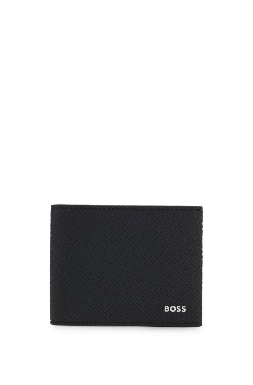 Monogram-embossed folding wallet with metal logo