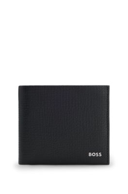 Grained-leather wallet with metallic logo lettering, Black