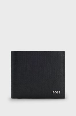 Grained-leather wallet with metallic logo lettering, Black