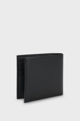 Grained-leather wallet with metallic logo lettering, Black
