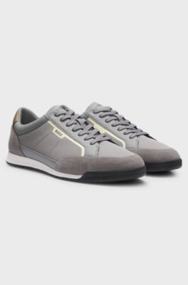 Sneakers van gemengde materialen met gestikte details, Lichtgrijs