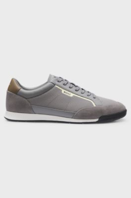 Sneakers van gemengde materialen met gestikte details, Lichtgrijs