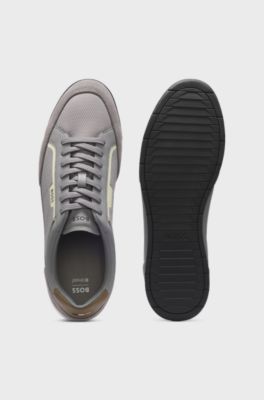 Sneakers van gemengde materialen met gestikte details, Lichtgrijs