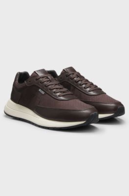 Monogram trainers with leather trims and EVA-rubber sole, Dark Brown
