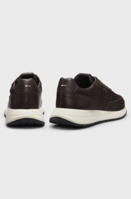 Monogram trainers with leather trims and EVA-rubber sole, Dark Brown