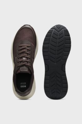 Monogram trainers with leather trims and EVA-rubber sole, Dark Brown