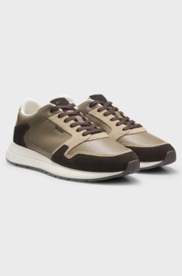 Leather running-style trainers with suede trims, Light Brown