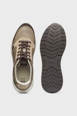 Leather running-style trainers with suede trims, Light Brown