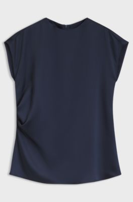 High-neck satin top with asymmetric gathering, Dark Blue