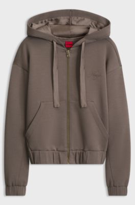 Relaxed-fit zip-up hoodie with satin drawcords, Brown