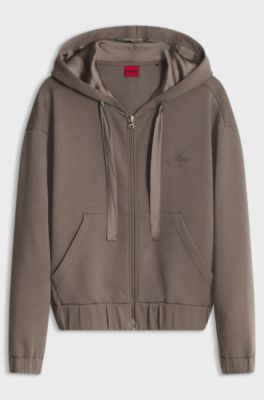 Relaxed-fit zip-up hoodie with satin drawcords, Brown