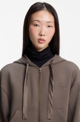 Relaxed-fit zip-up hoodie with satin drawcords, Brown