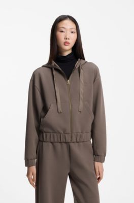 Relaxed-fit zip-up hoodie with satin drawcords, Brown