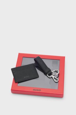 Gift-boxed faux-leather card holder and key ring, Black